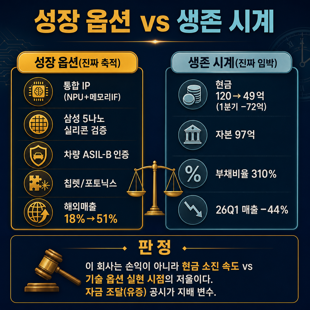 오픈엣지 '성장 옵션 vs 생존 시계' 저울 대비 카드(추이 라인차트 금지, 좌우 대비 카드만). 왼쪽 amber 카드 '성장 옵션(진짜 축적) — 통합 IP(NPU+메모리IF)·삼성 5나노 실리콘 검증·차량 ASIL-B 인증·칩렛/포토닉스·해외매출 18%→51%'. 오른쪽 cyan gray 카드 '생존 시계(진짜 임박) — 현금 120→49억(1분기 −72억)·자본 97억·부채비율 310%·26Q1 매출 −44%'. 아래 밴드 '판정 — 이 회사는 손익이 아니라 현금 소진 속도 vs 기술 옵션 실현 시점의 저울이다. 자금 조달(유증) 공시가 지배 변수'. ★적은 숫자(120/49/72/97/310/44/18/51)만 쓰고 다른 숫자 금지. 막대·꺾은선 금지, 대비 카드만. 모든 라벨 한글. 제목 '성장 옵션 vs 생존 시계'. navy 배경, amber 강조, cyan gray 보조.