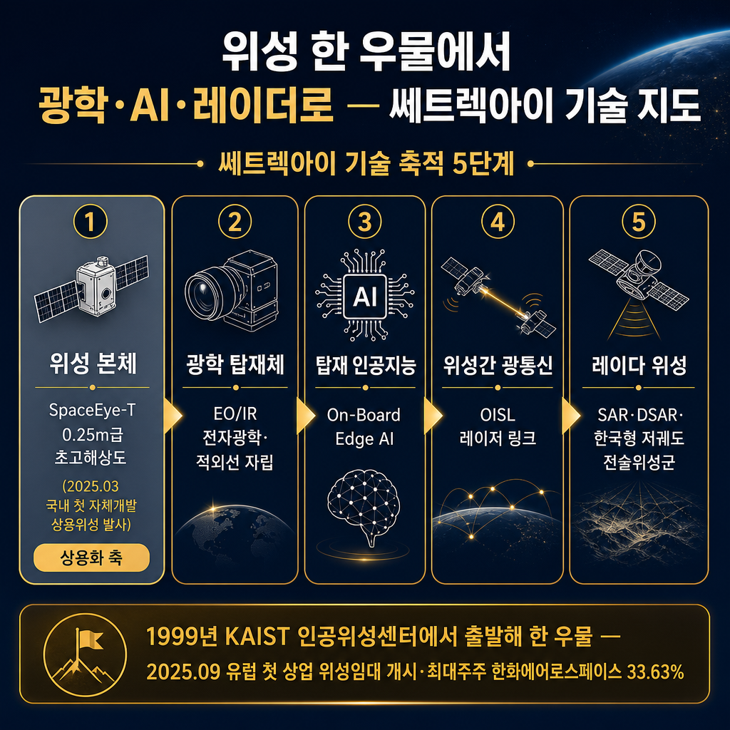 쎄트렉아이 '기술 축적 5단계' 구성도(좌→우 단계 배치, 추이차트 아님). 좌→우 5개 박스: '1. 위성 본체 — SpaceEye-T 0.25m급 초고해상도(2025.03 국내 첫 자체개발 상용위성 발사)' → '2. 광학 탑재체 — EO/IR 전자광학·적외선 자립' → '3. 탑재 인공지능 — On-Board Edge AI' → '4. 위성간 광통신 — OISL 레이저 링크' → '5. 레이더 위성 — SAR·DSAR·한국형 저궤도 전술위성군'. 하단에 amber 강조 밴드 '1999년 KAIST 인공위성센터에서 출발해 한 우물 — 2025.09 유럽 첫 상업 위성임대 개시·최대주주 한화에어로스페이스 33.63%'. 데이터 막대·라인 그래프 금지, 박스 구성도만. 모든 라벨 한글. 제목 '위성 한 우물에서 광학·AI·레이더로 — 쎄트렉아이 기술 지도'. navy 배경, amber 강조, slate gray 보조로 1번 박스(상용화 축) 강조.