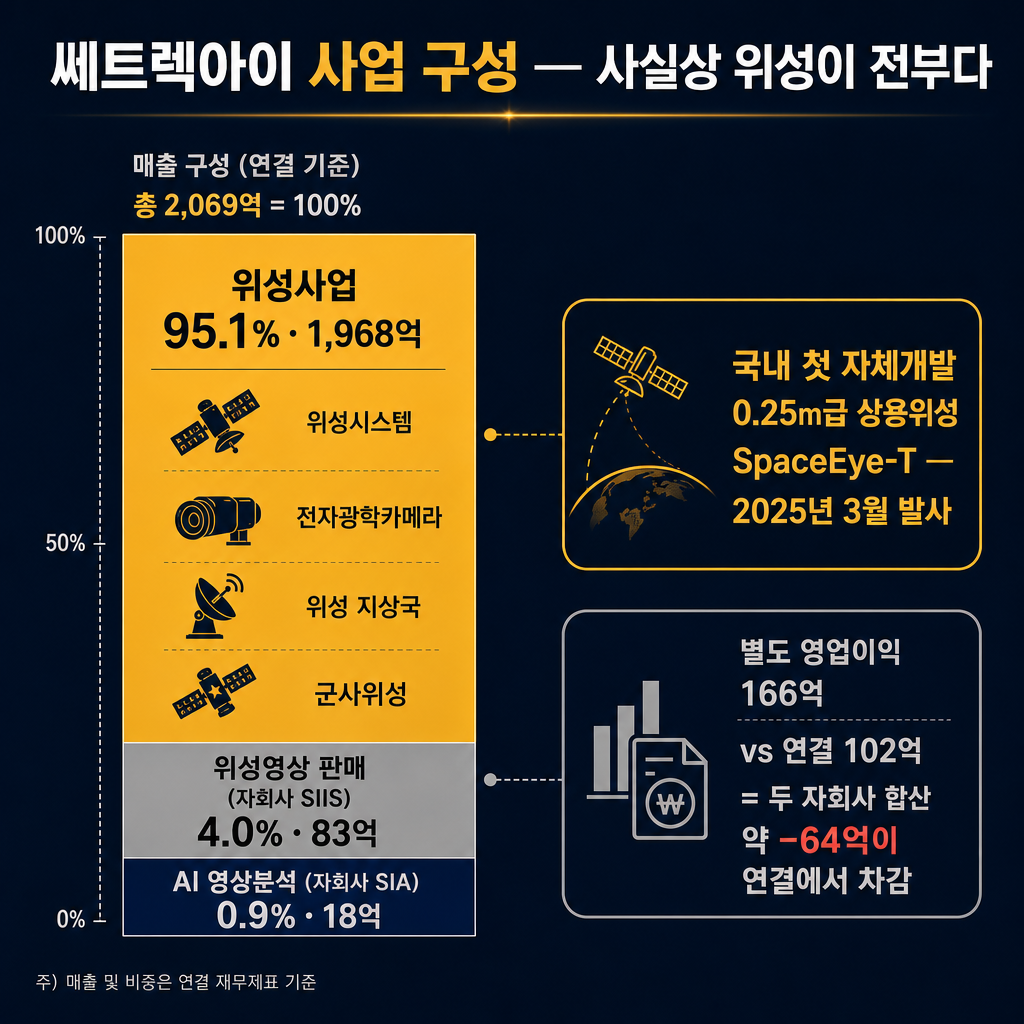 쎄트렉아이 사업 구성 — 위성사업 95.1% (DART 공시 검산값 인포그래픽)