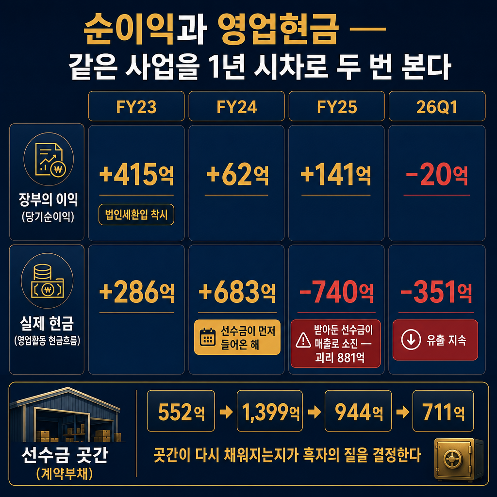 선수금 시계 — 순이익과 영업현금 4시점 비교와 계약부채 곳간 (DART 공시 검산값 인포그래픽)